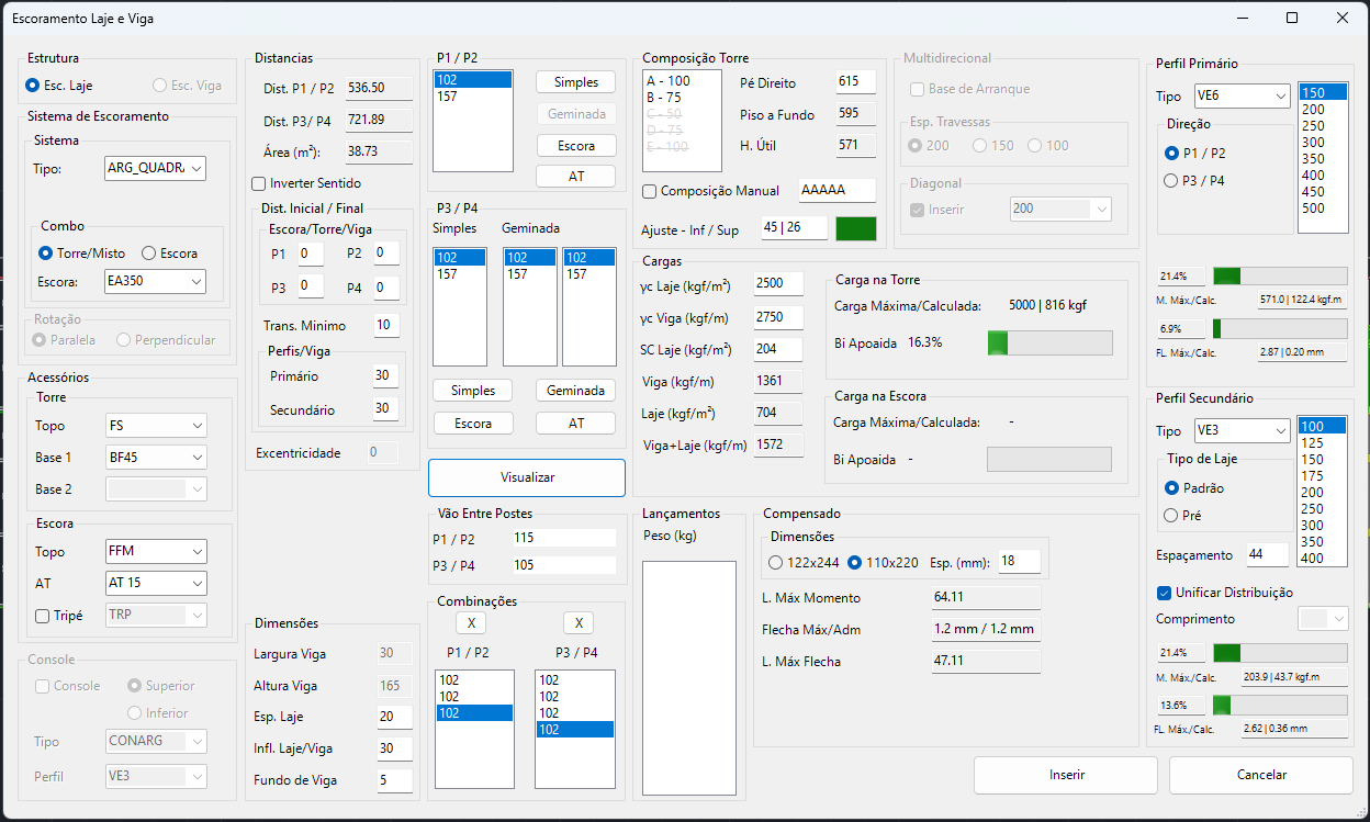 Configuração real do plug-in AndaBIM para escoramento de lajes e vigas no CAD